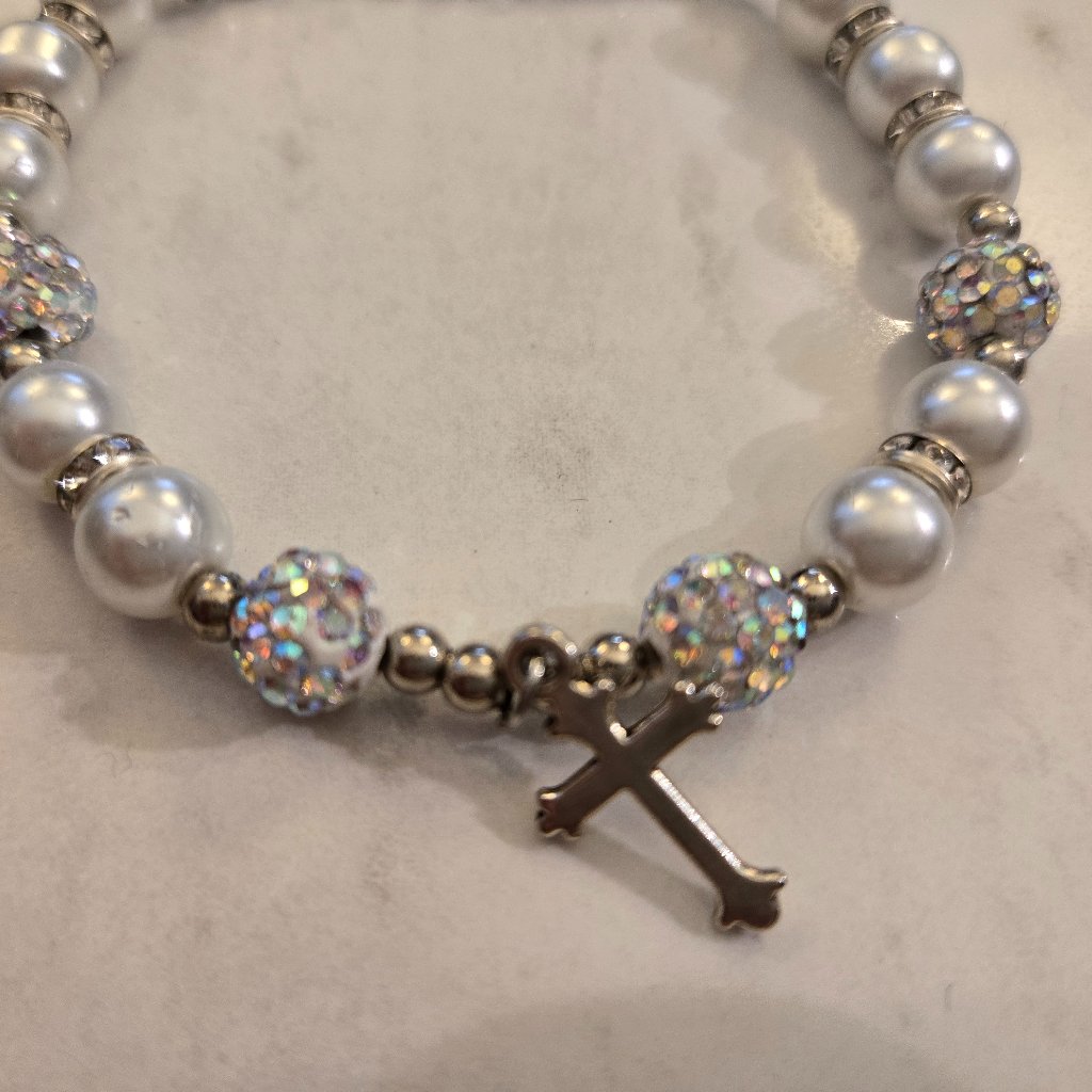 Christian Charm Bracelet With Cross And Beautiful Crystals, Beads, And Pearls